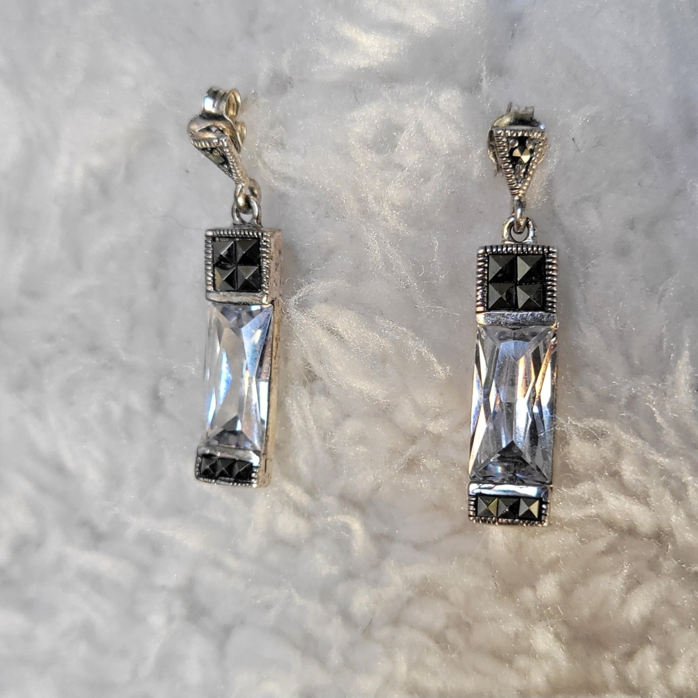 Sterling Silver 925 THAI Emerald Cut Cubic Zirconia Marcasite Earrings Pair